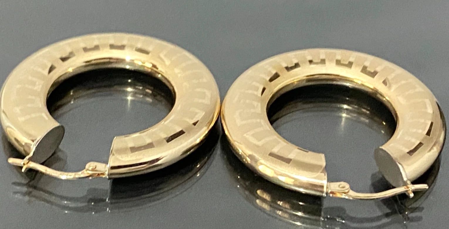 Italian 9K Yellow Gold Greek Key Pattern Hoop Earrings 33.50MM