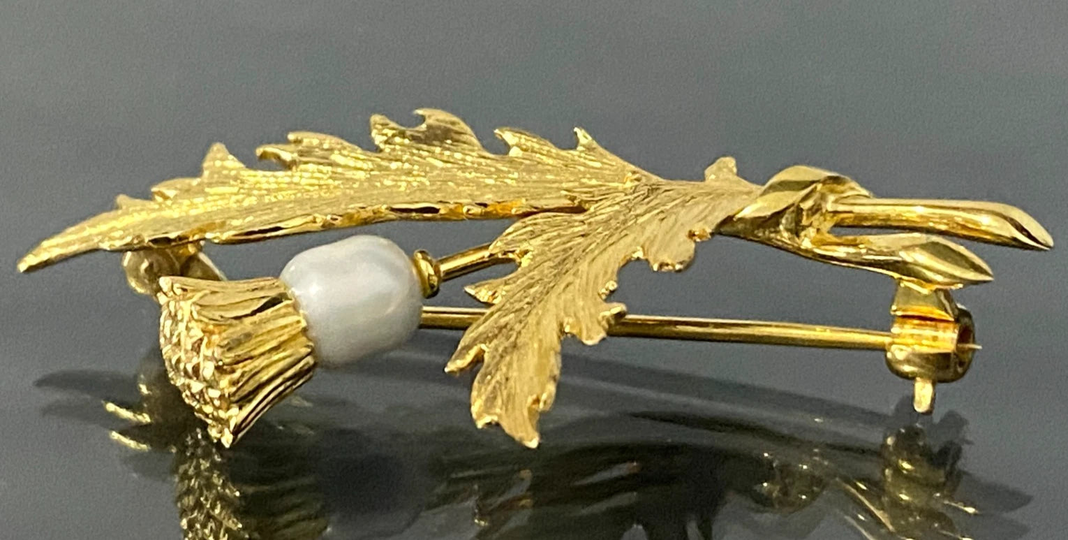 1970's 9K Yellow Gold & Pearls Scottish Thistle Flower Brooch 44.0mm Long