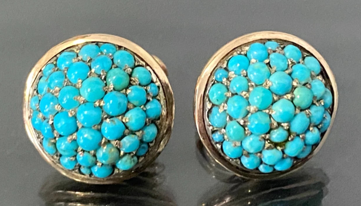 Art Nouveau 14K Yellow Gold & Turquoise Screw Back pavé Dome Earrings 16.0mm