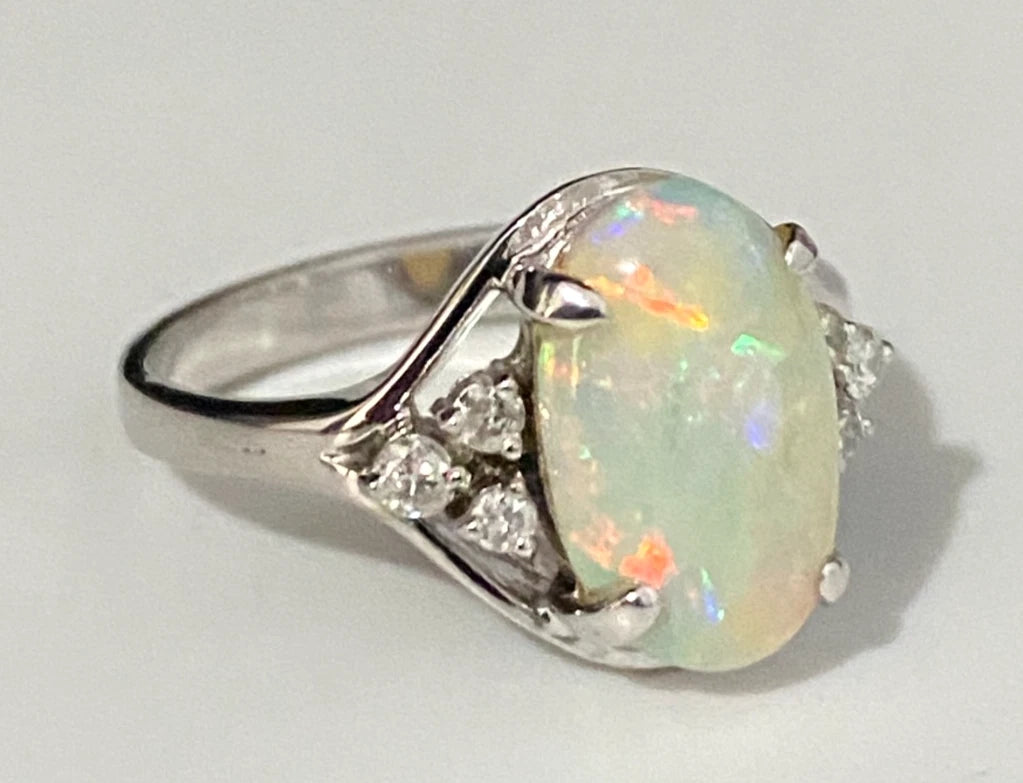 14K White Gold With Opal & Diamond Ring Size N - 6 3/4