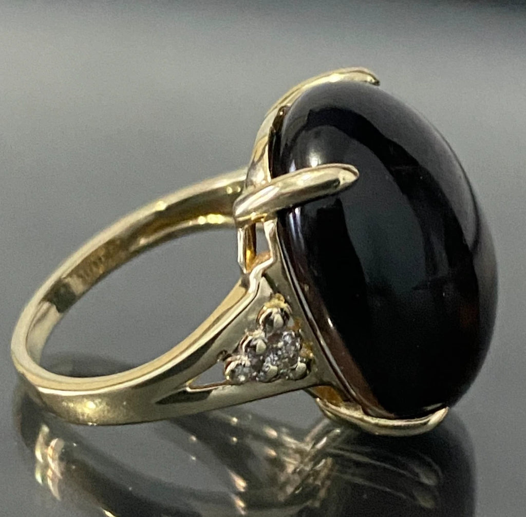 10CT Yellow Gold W/ Cabochon Smoky Quartz & Diamond Ring Size M - 6 1/4