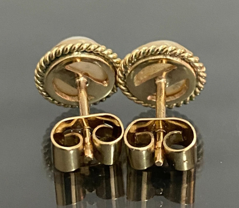 Vintage 9K Yellow Gold & White Pearl Twisted Rope Border Stud Earrings 10.0mm