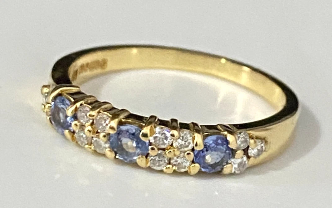 18K Yellow Gold W/ Sapphire & Diamond Band Ring Size L 1/2 - 6