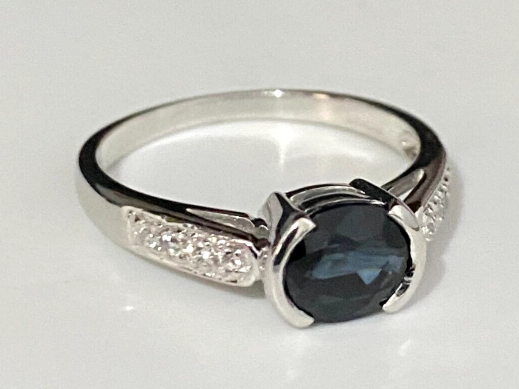 9K White Gold W/ Sapphire & White Zircon Ring Size P 1/2 - 7 3/4