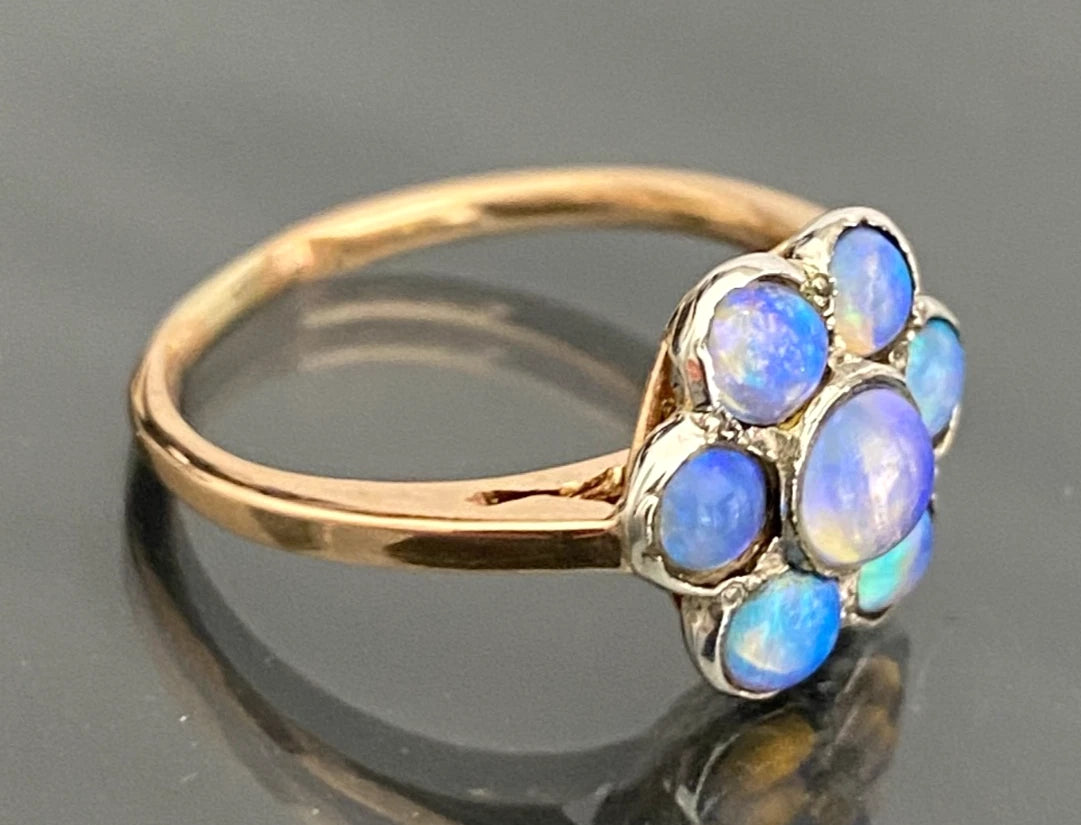 14K Rose Gold & Opal Floral Cluster Ring Size M (US 6.25) - Art Deco Jewellery