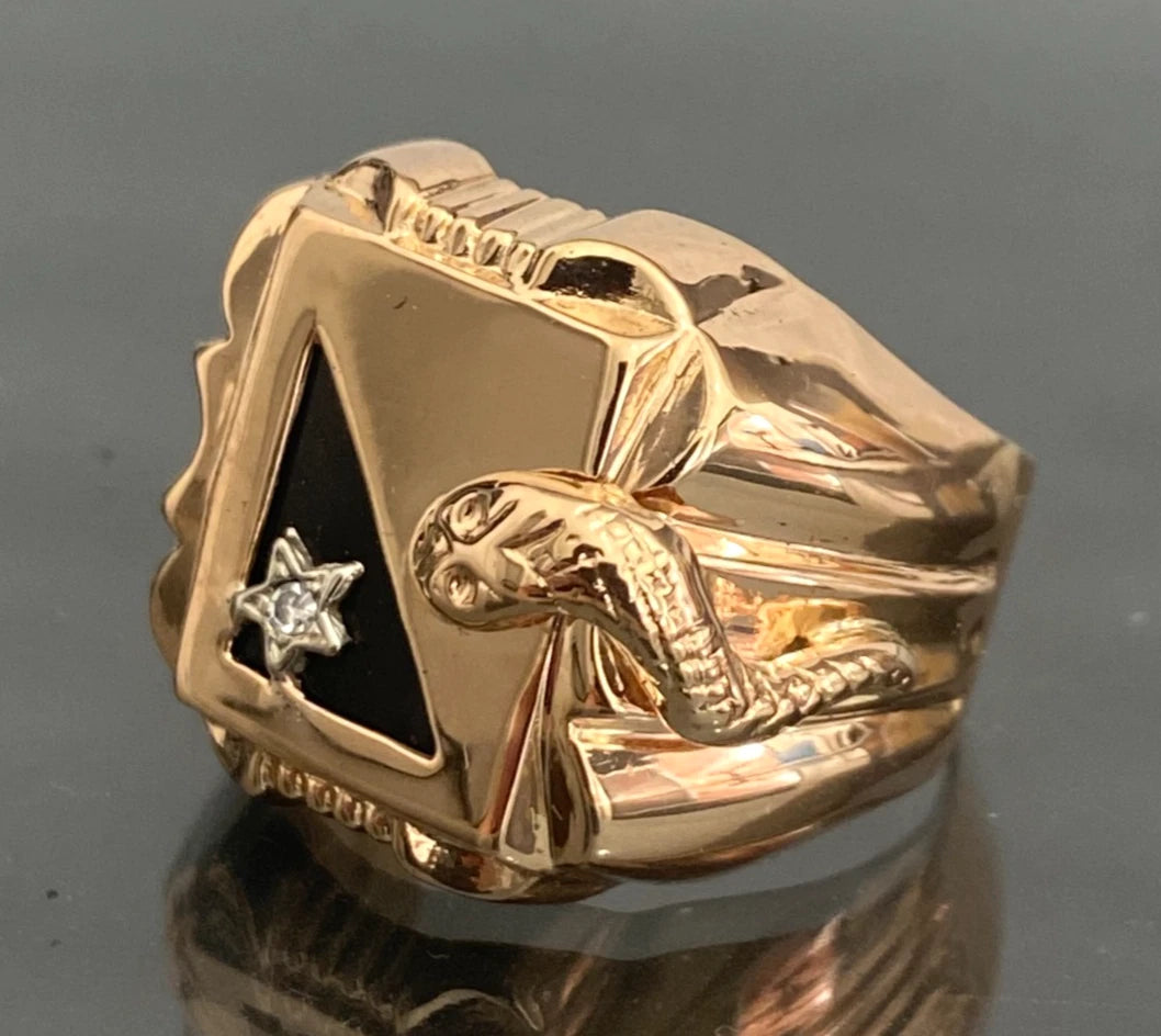 Vintage 18K Solid Yellow Gold Diamond & Black Onyx Serpent Men's Ring - Size R