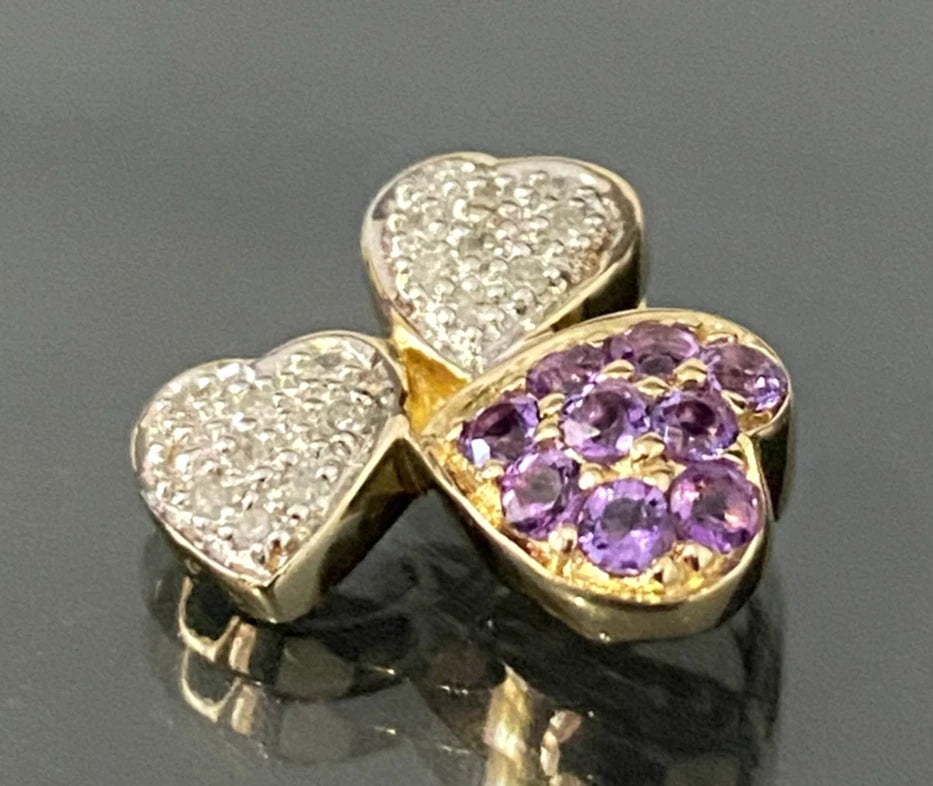 14K Yellow Gold W/ Amethyst & Diamond Triple Heart Pendant