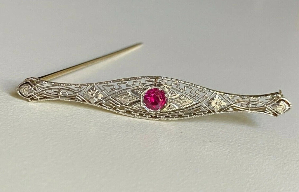 An Early 14K Gold & Ruby Filigree Brooch Pin 64.5mm