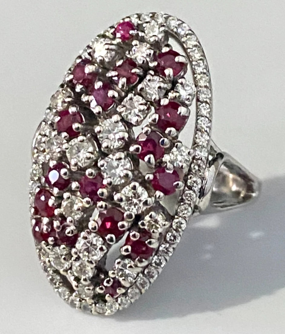 18K White Gold W/ Ruby & 1.0CT Diamond Cocktail Ring Size I - 4 1/2