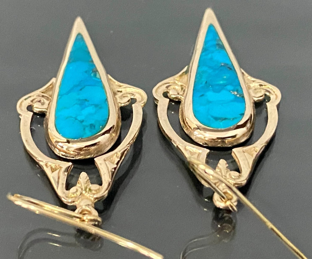 Vintage 9K Yellow Gold & Turquoise Drop Earrings 55mm High