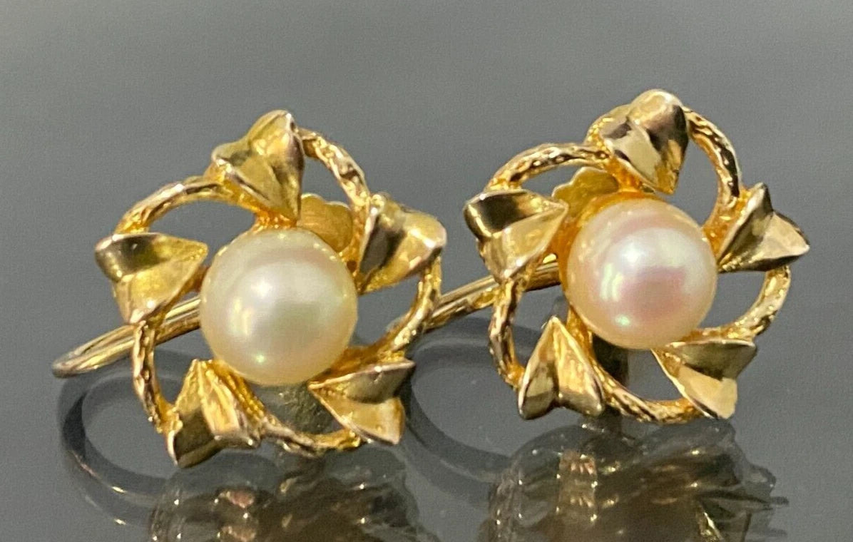 9K Yellow Gold & White Pearl Screw Back Earrings for Non-Pierced