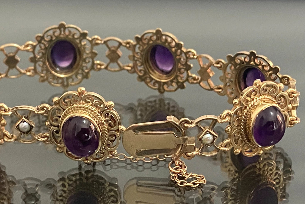 1970's 9K Yellow Gold Amethyst & Pearls Open Scrollwork Bracelet - Vintage Jewellery