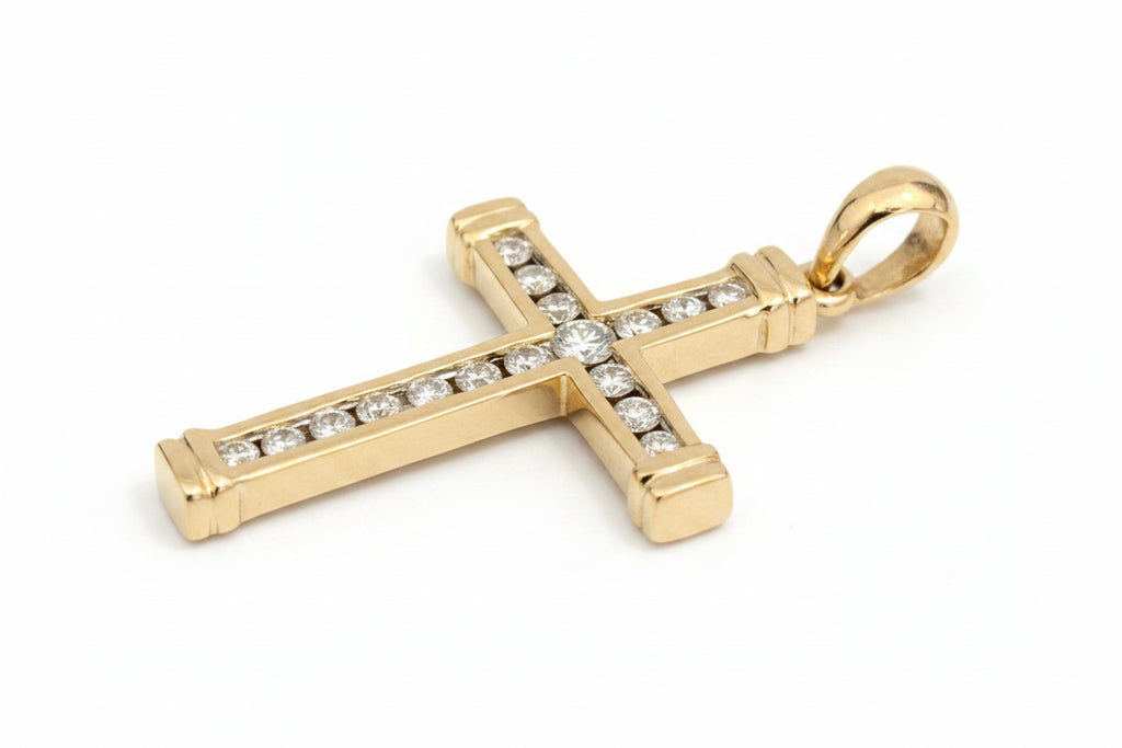 14K Solid Yellow Gold Diamond Cross Pendant – Approx. 0.45CT