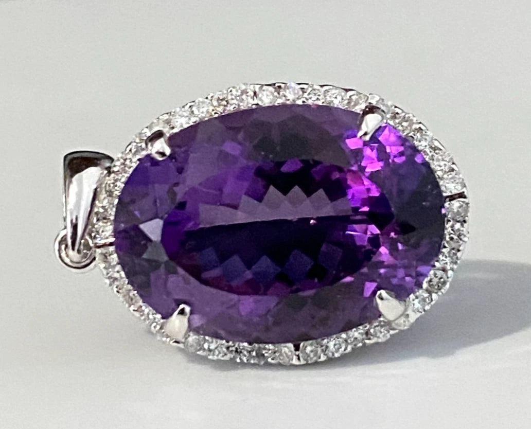 18K White Gold With 10.0CT Amethyst & Diamond Pendant 29.0mm High