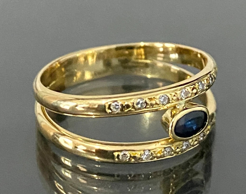 18K Yellow Gold W/ Sapphire & Diamond Split Band Style Ring Size R - 8 7/8
