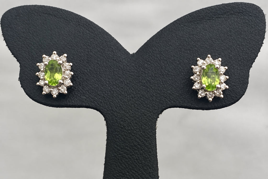 14K White Gold W/Peridot & Diamond Cluster Stud Earrings 10.0mm