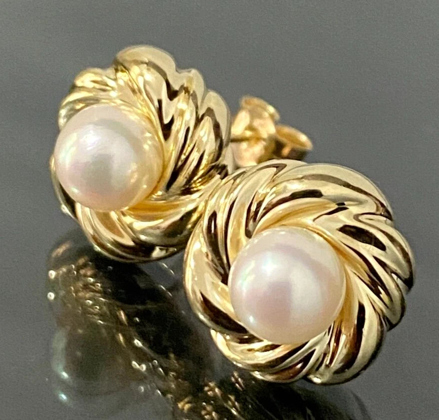 9K Yellow Gold & White Pearl Stud Earrings 12.85mm