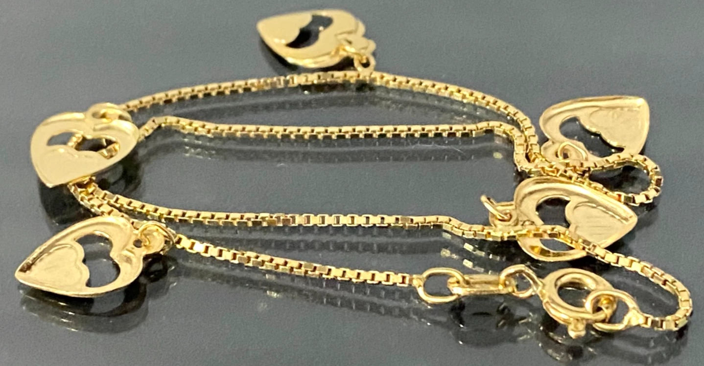 18K Yellow Gold Box Link With Heart Charms Anklet / Bracelet 24.0cm Long