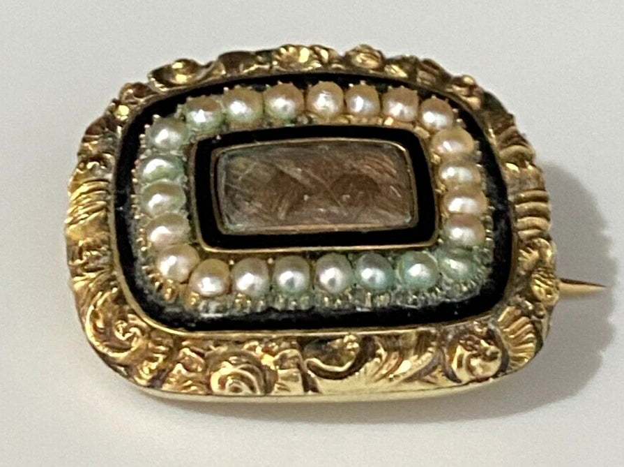 GEORGIAN 15K Gold Pearl & Woven Hairwork Enamel Memorial Brooch DATED 1822