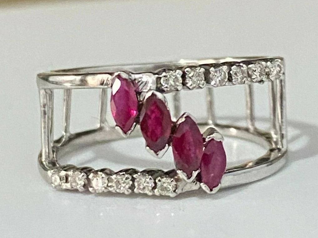 18K White Gold W/ Ruby & Diamond Ring Size P - 7 1/2