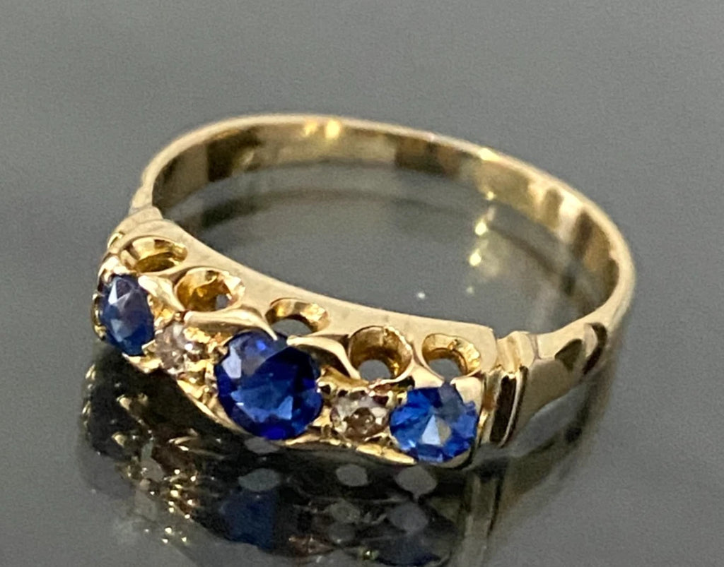 Edwardian 18K Yellow Gold W/ Sapphire & Diamond Ring Size N - 6 3/4