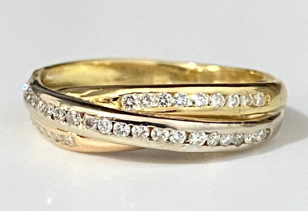 18K Yellow Gold & 0.40CT Diamond Crossover Band Ring Size M 1/2 - 6 1/4