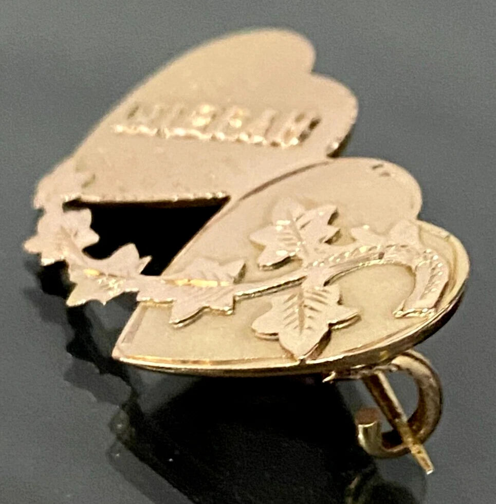 Antique 9K Rose Gold Double Heart Mizpah Brooch