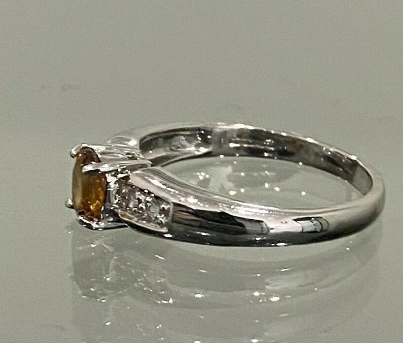 9K White Gold W/ Citrine & White Zircon Ring Size N 1/2 - 6 3/4