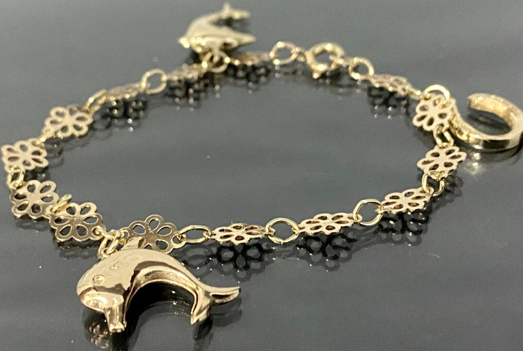 9K Yellow Gold Flower Link Horseshoe Dolphin Charm Bracelet 17.0cm Long