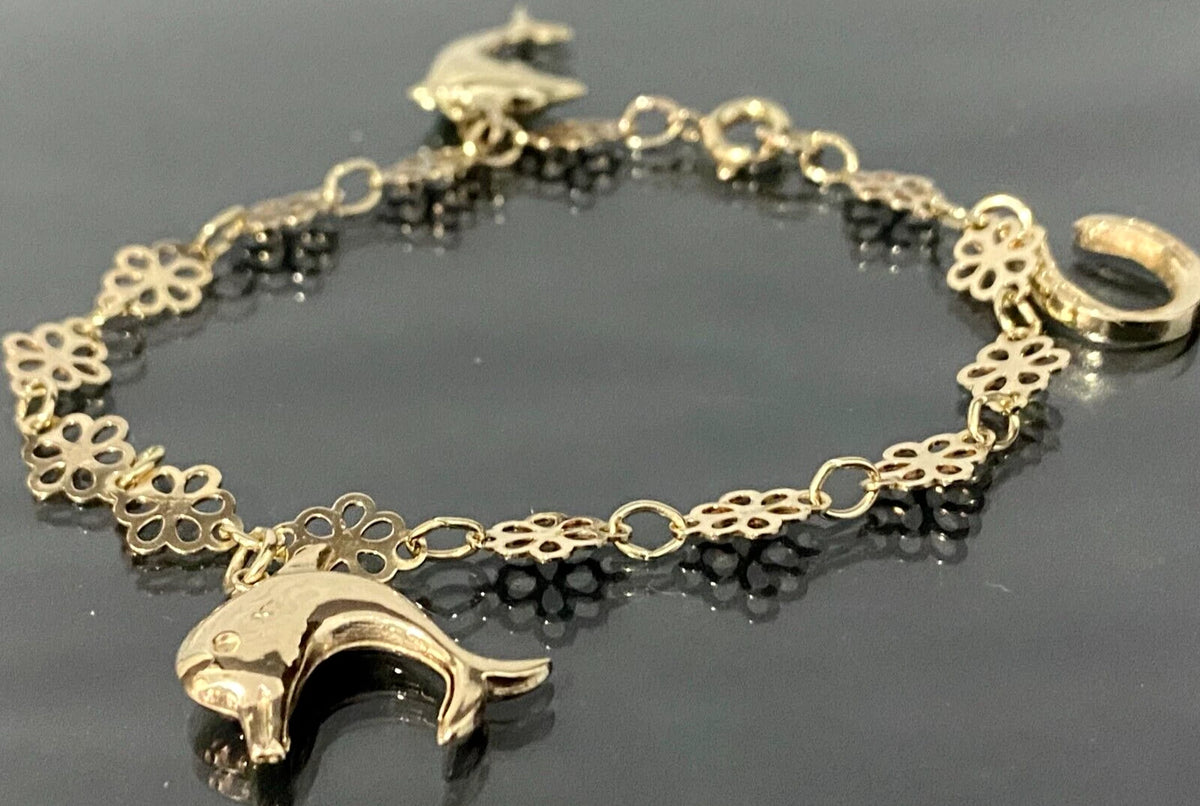 9K Yellow Gold Flower Link Horseshoe Dolphin Charm Bracelet 17.0cm Long