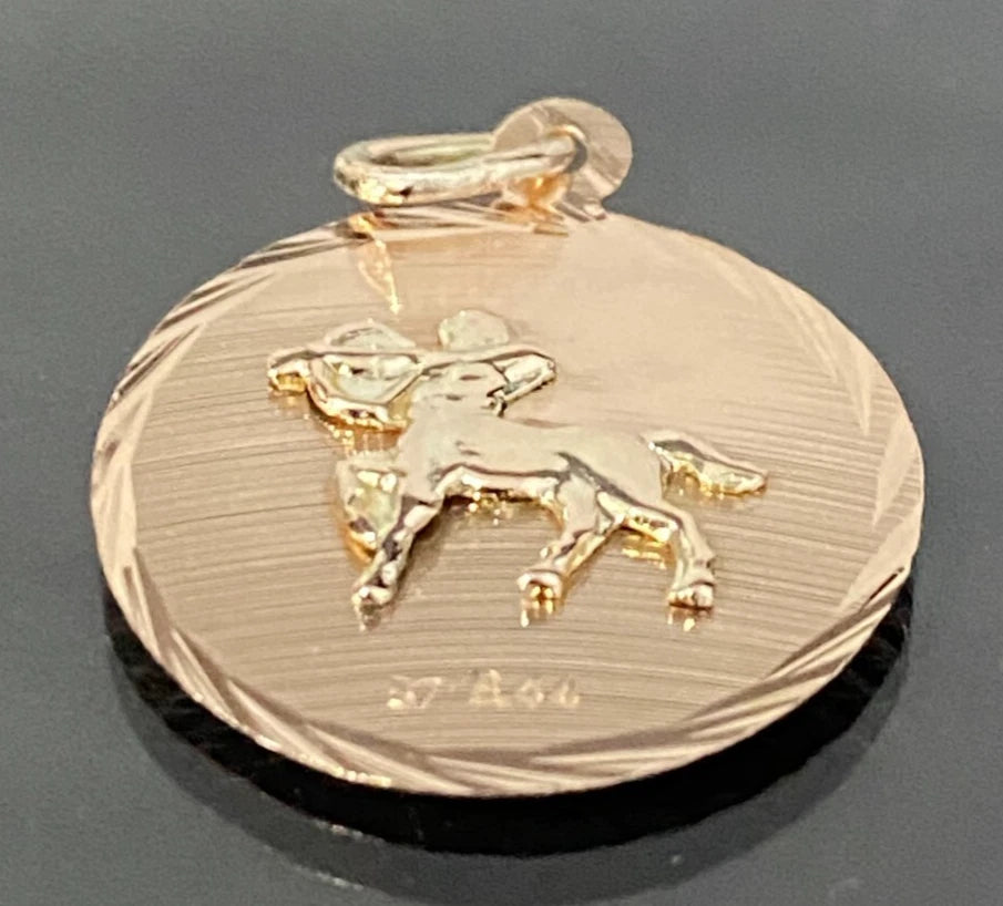 9K Yellow Gold Sagittarius Zodiac Sign & Virgin Mary Double Face Pendant