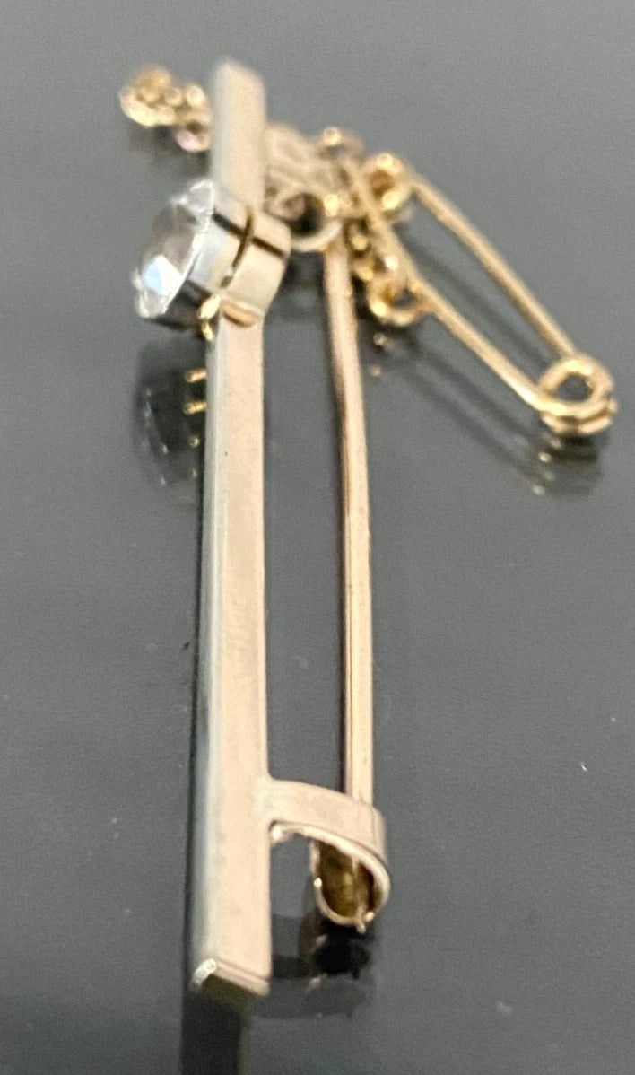 Art Deco 9K Yellow Gold with White Sapphire Bar Brooch 53mm Long