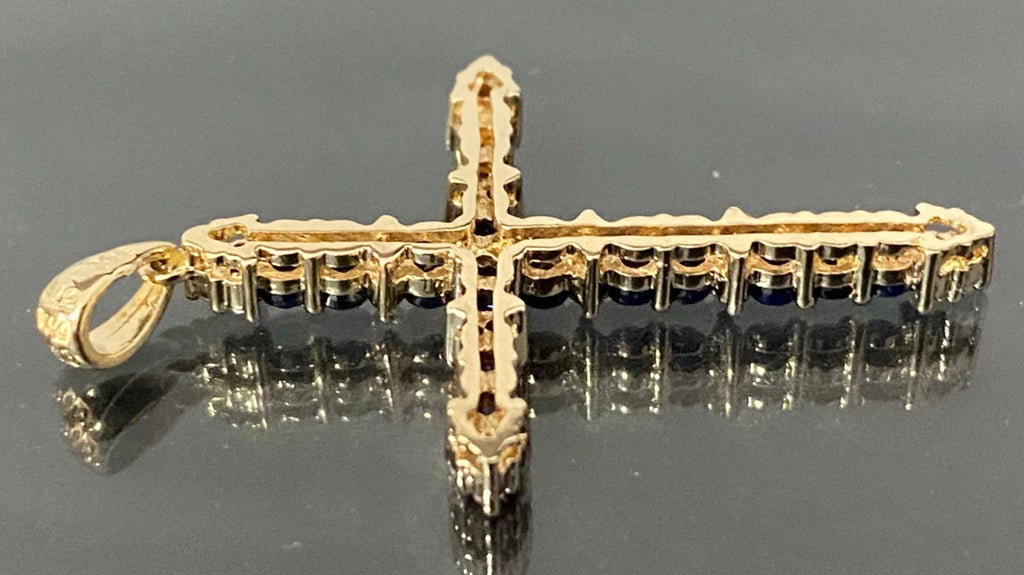 9K Yellow Gold W/ Sapphire & Diamond Cross Pendant 36mm High