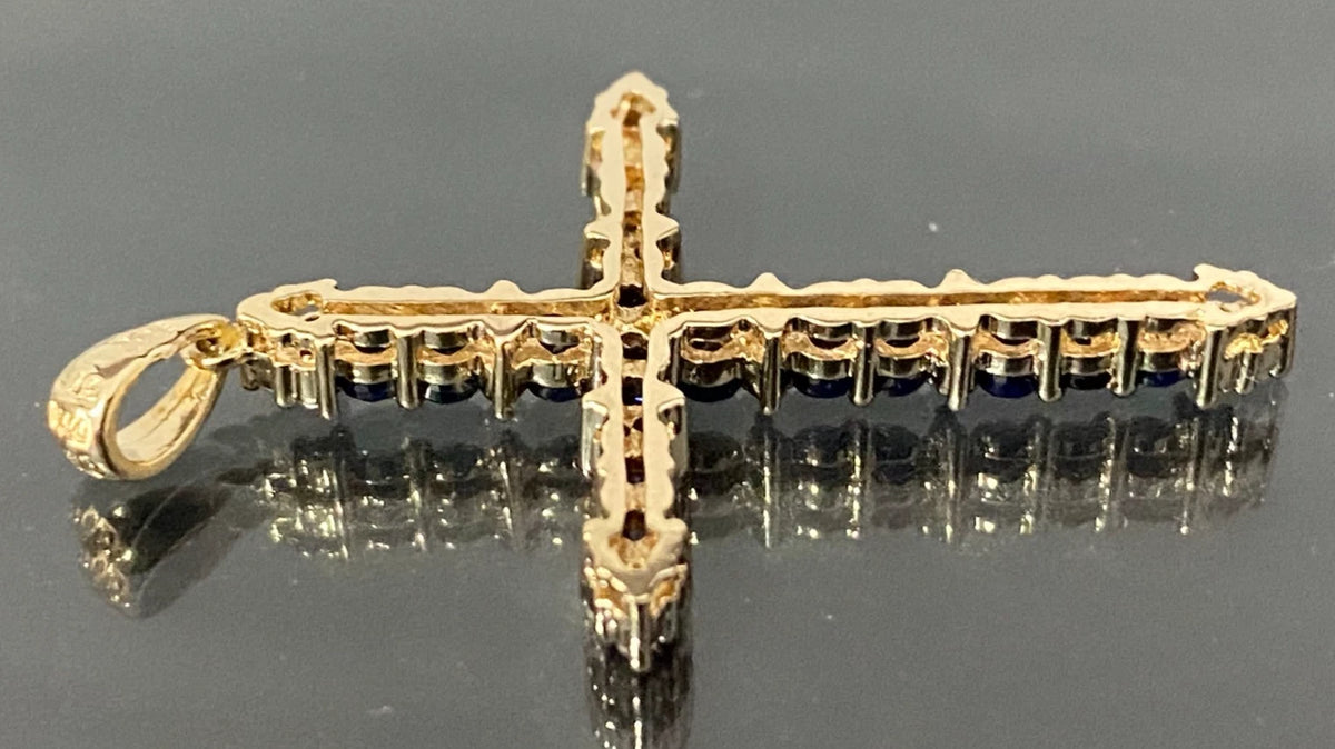 9K Yellow Gold W/ Sapphire & Diamond Cross Pendant 36mm High