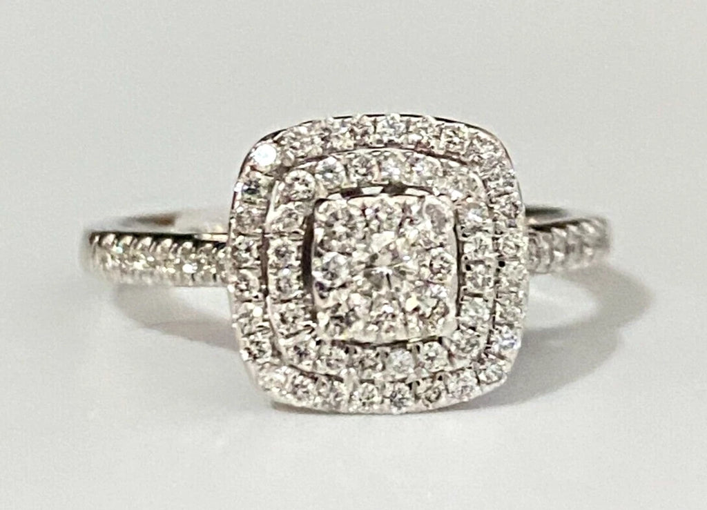 9K White Gold & 0.50CT Diamond Double Halo Engagement Ring Size P - 7 1/2