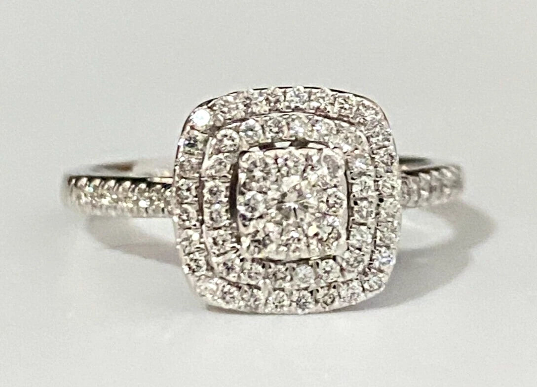 9K White Gold & 0.50CT Diamond Double Halo Engagement Ring Size P - 7 1/2