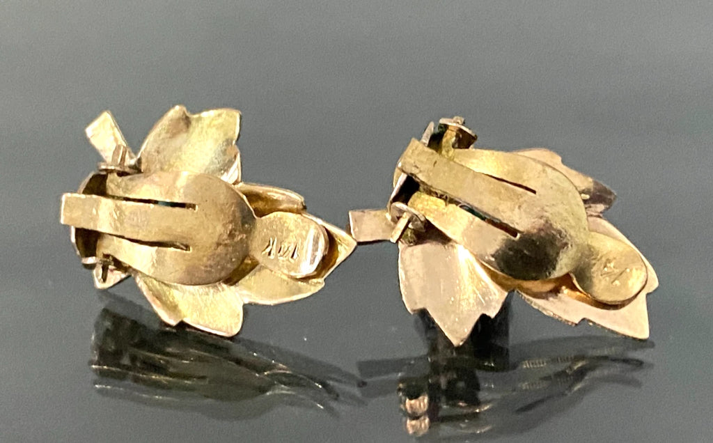 A mid 20th 14K Yellow Gold & Turquoise Clip On Leaf Earrings