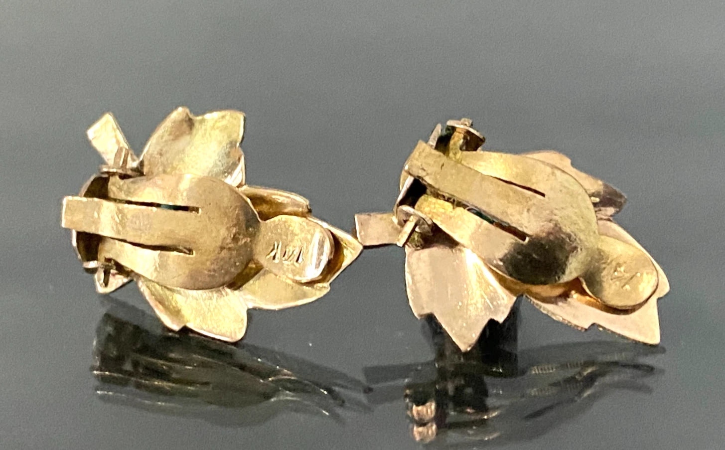 A mid 20th 14K Yellow Gold & Turquoise Clip On Leaf Earrings