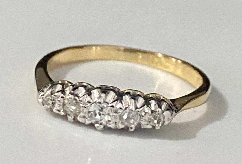 Art Deco 18K Yellow Gold & Diamond Five Stone Ring Size K 1/2 - 5 3/8
