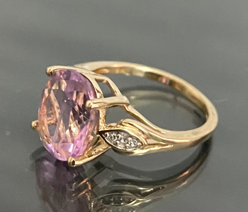 9K Yellow Gold Pink Fluorite & White Zircon Ring Size L (US 5.75)