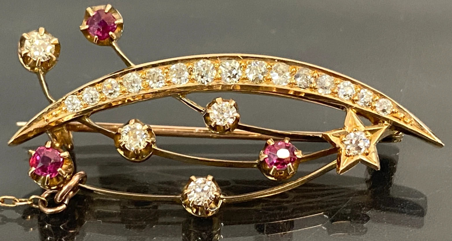Victorian 15K Yellow Gold Ruby Diamond Crescent Moon Star Comet Brooch 41mm