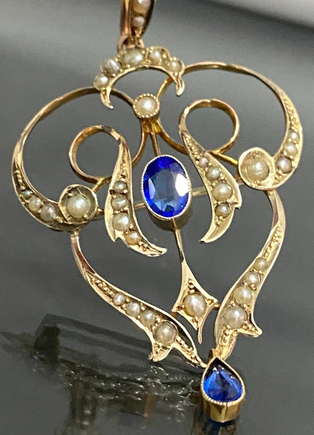 Antique 9ct Yellow Gold Garnet & Seed Pearl Drop Pendant Brooch – 54mm High