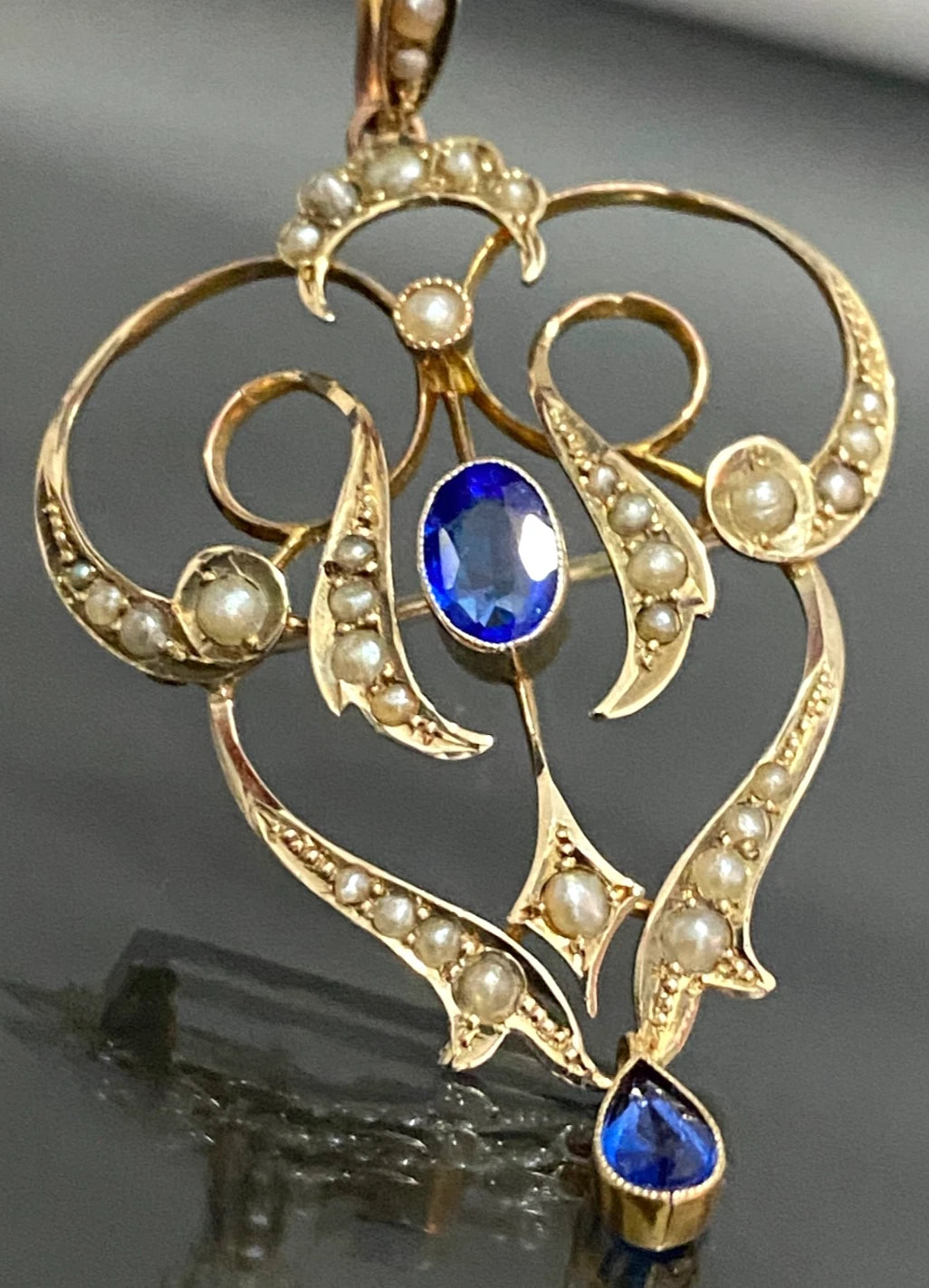 Antique 9ct Yellow Gold Garnet & Seed Pearl Drop Pendant Brooch – 54mm High