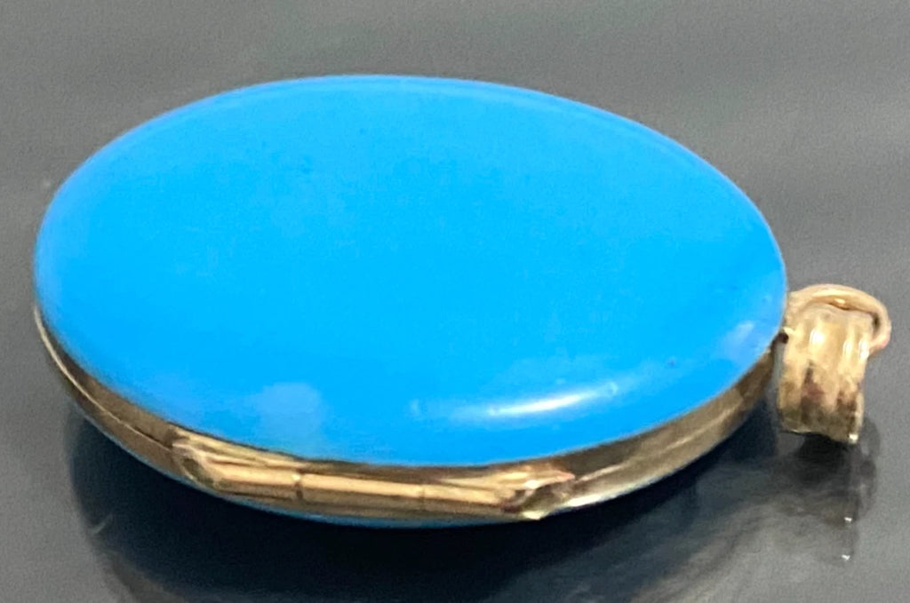 Victorian 9K Yellow Gold Pearl & Blue Enamel Photo Locket Pendant 32mm High