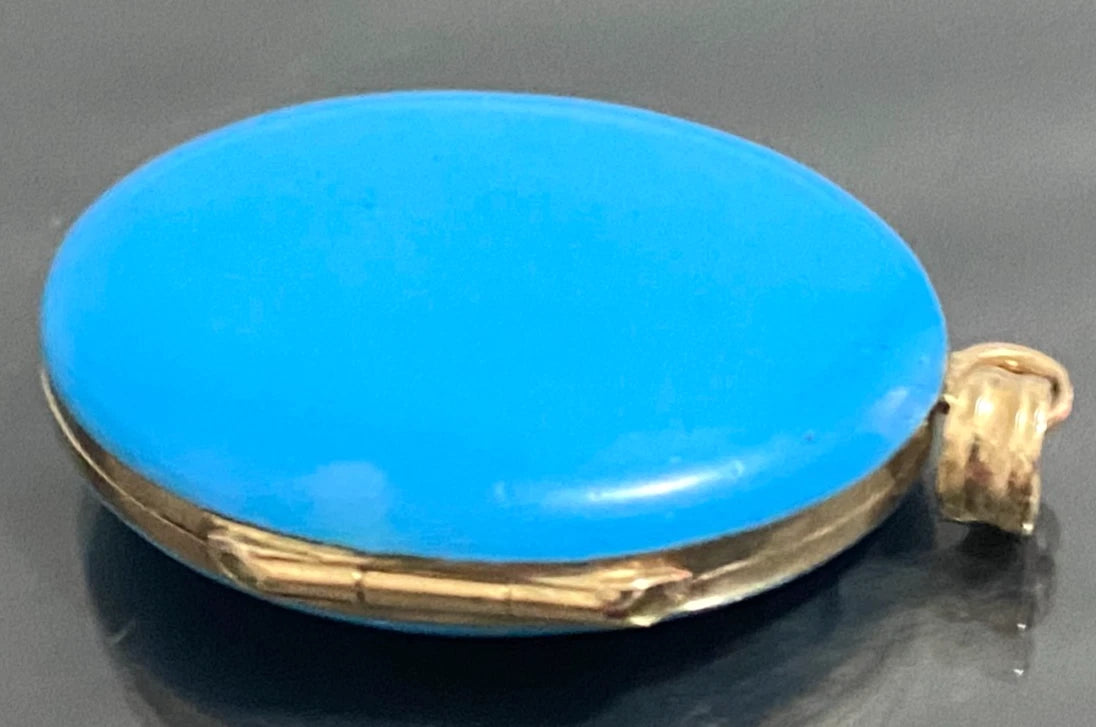 Victorian 9K Yellow Gold Pearl & Blue Enamel Photo Locket Pendant 32mm High
