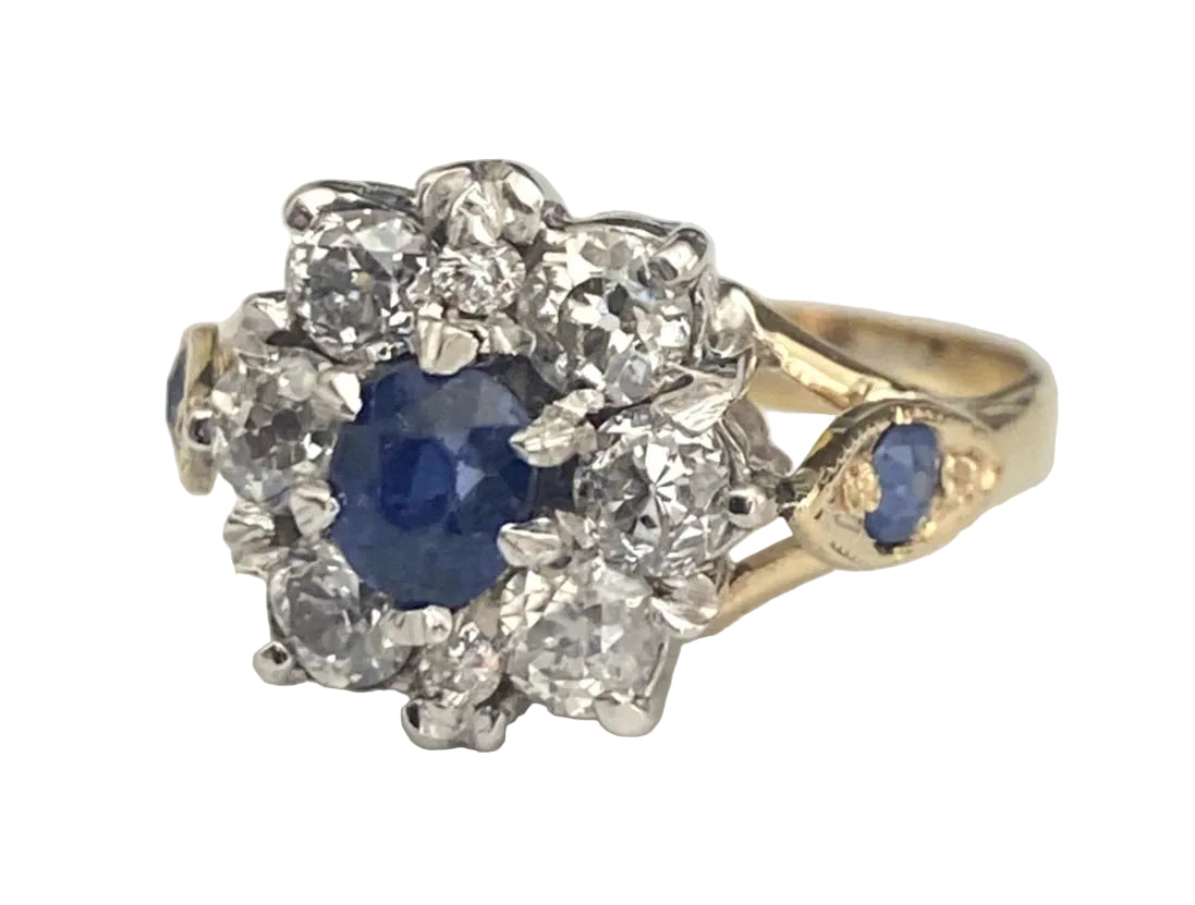 Vintage 18K Gold Sapphire & 0.90CT Old Cut Diamond Cluster Ring Size P (US 7.75)