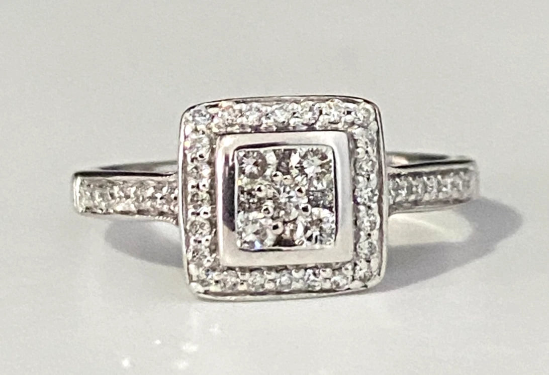 18K White Gold & 0.50CT Diamond Square Engagement Ring Size O - 7 1/4