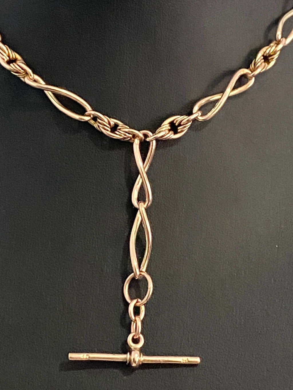 Victorian 9K Rose Gold Infinity & Knot Link Albert Chain With T-Bar