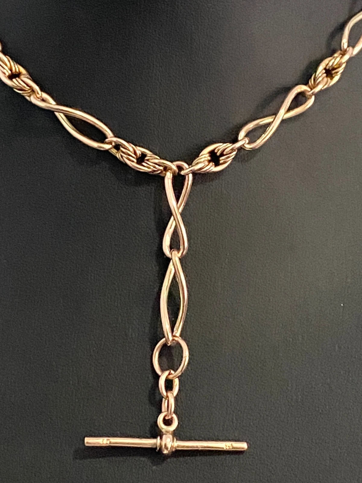 Victorian 9K Rose Gold Infinity & Knot Link Albert Chain With T-Bar