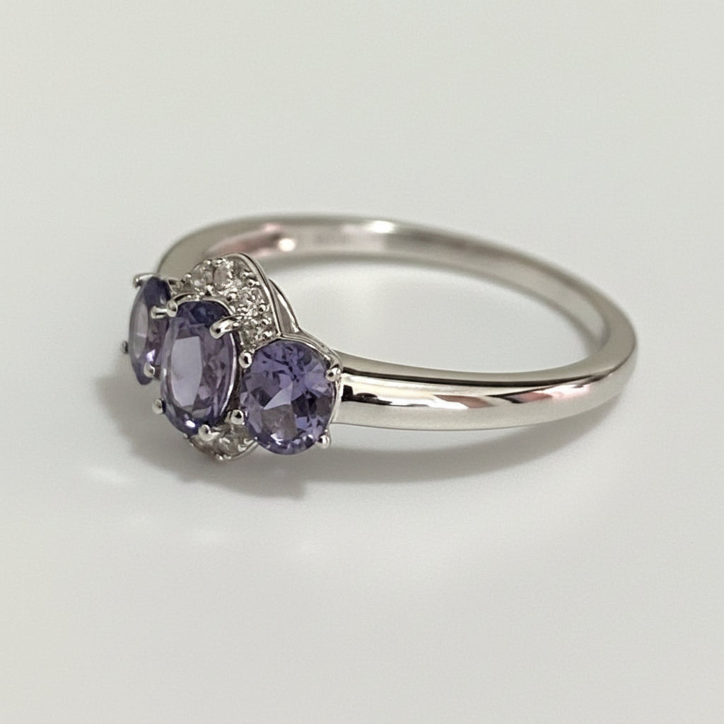 10K White Gold W/ Spinel & Natural Zircon Three Stone Ring - Size R (US 8.75)